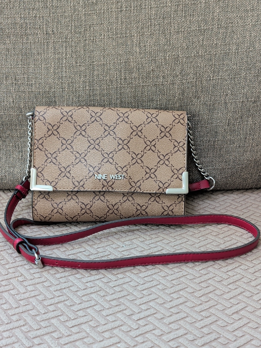 Nine West Brown Monogram Crossbody with Red Strap